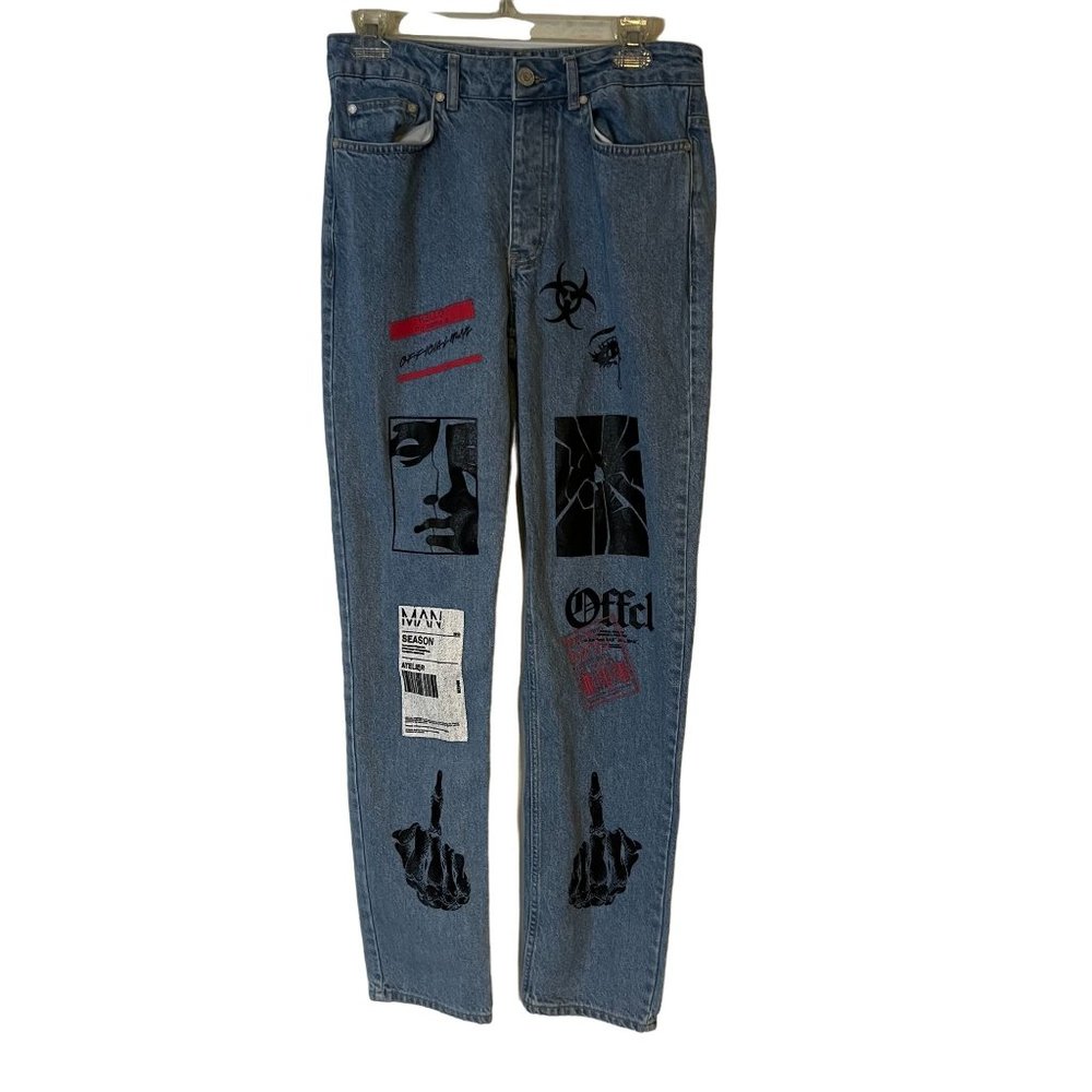 NEW BoohooMan Blue Jean Relaxed Straight Fit Graphic MZZ82332 Blue Light Wash